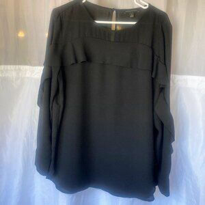 Black long-sleeved blouse with ruffle detail, Banana Republic, Size L